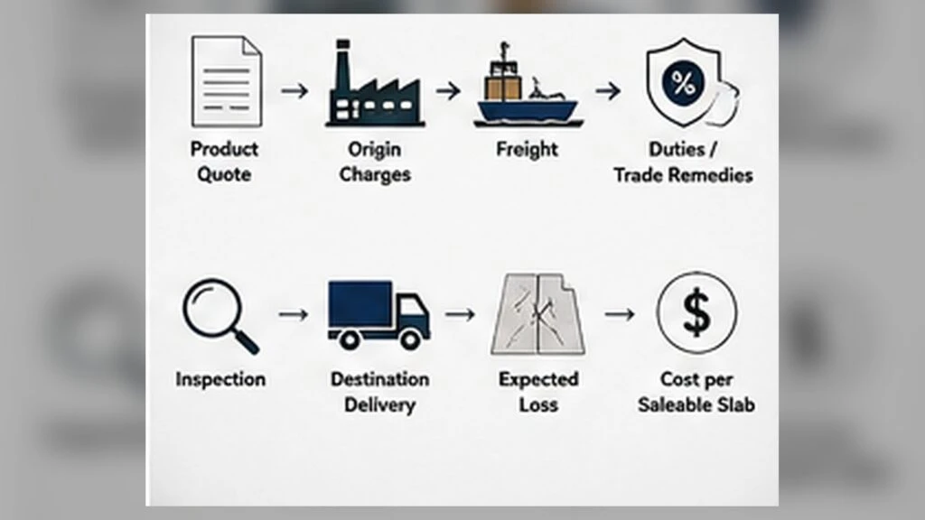 Landed-cost structure for imported quartz slabs from product quotation and origin charges to freight, duties, inspection and saleable-slab cost.