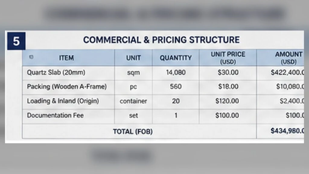 Quartz slab commercial quotation showing slab price, packing, loading, documentation and total quotation structure.