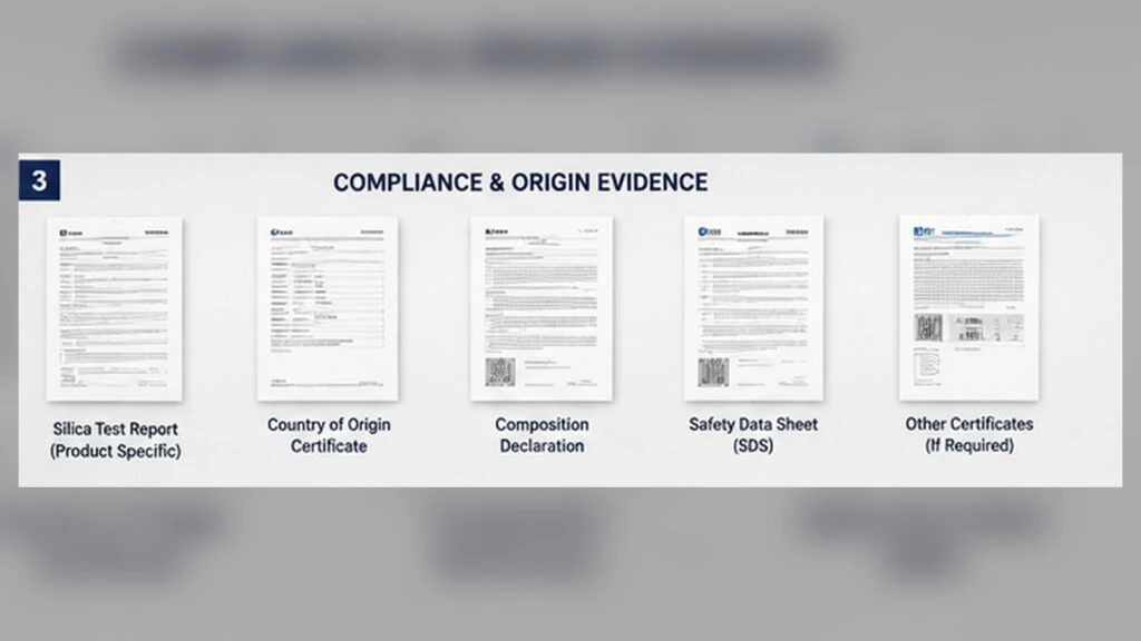 Quartz slab compliance and origin document package including silica testing, country of origin, composition and safety data.