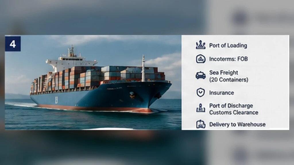 Quartz slab logistics and Incoterms flow showing port of loading, ocean freight, insurance, customs clearance and delivery.