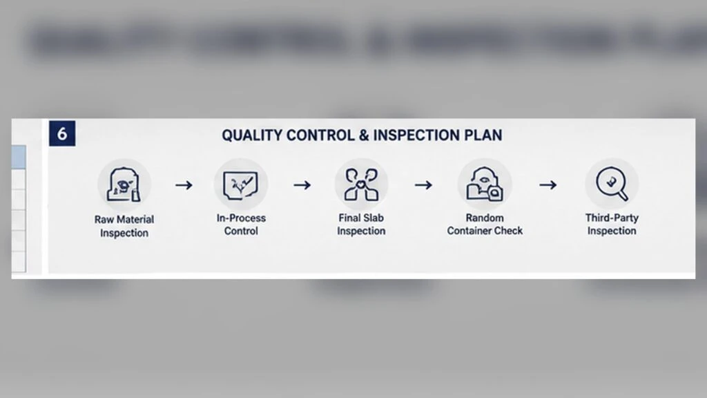 Quartz slab quality-control plan covering raw materials, in-process checks, final inspection, container checks and third-party inspection.