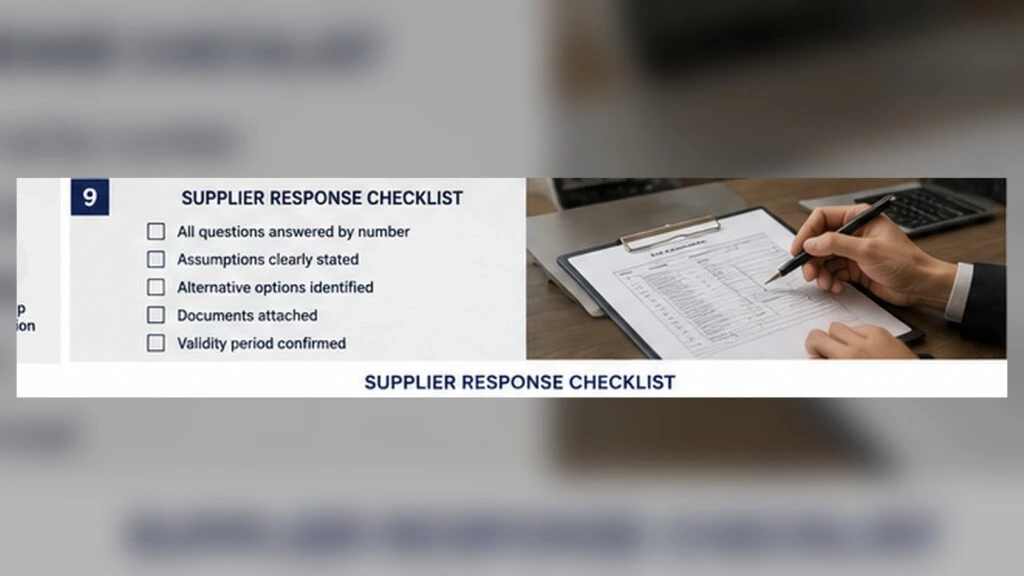Buyer reviewing a quartz supplier response checklist with assumptions, alternatives, attachments and quotation validity.