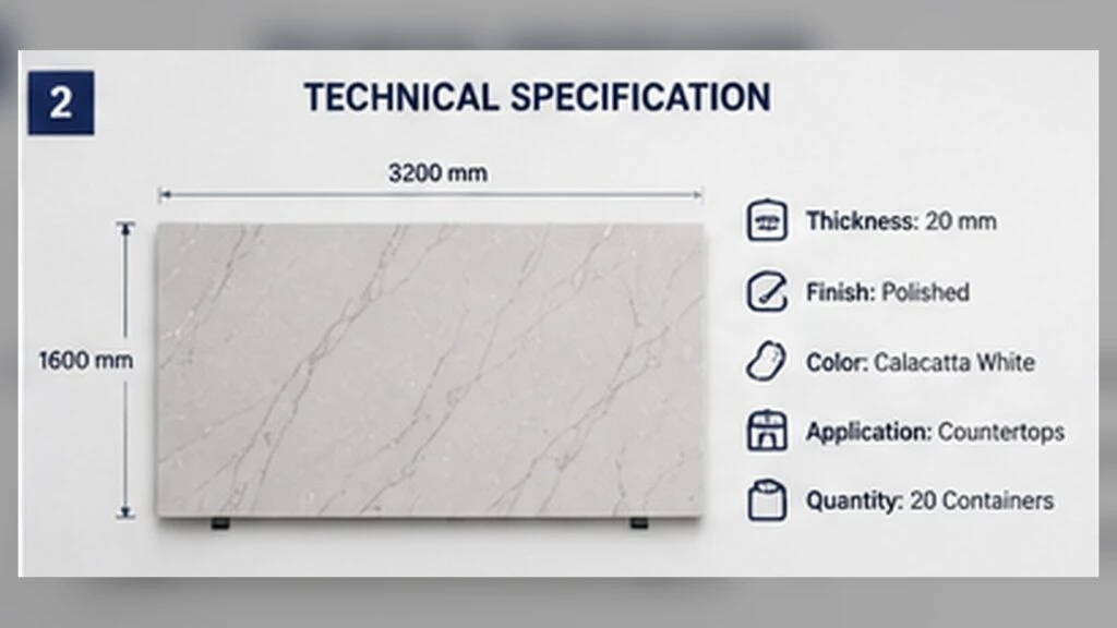 Quartz slab RFQ technical specification showing dimensions, thickness, finish, color, application and order quantity.