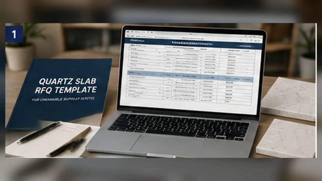 Quartz slab RFQ template displayed with slab samples, supplier comparison fields and procurement documents.