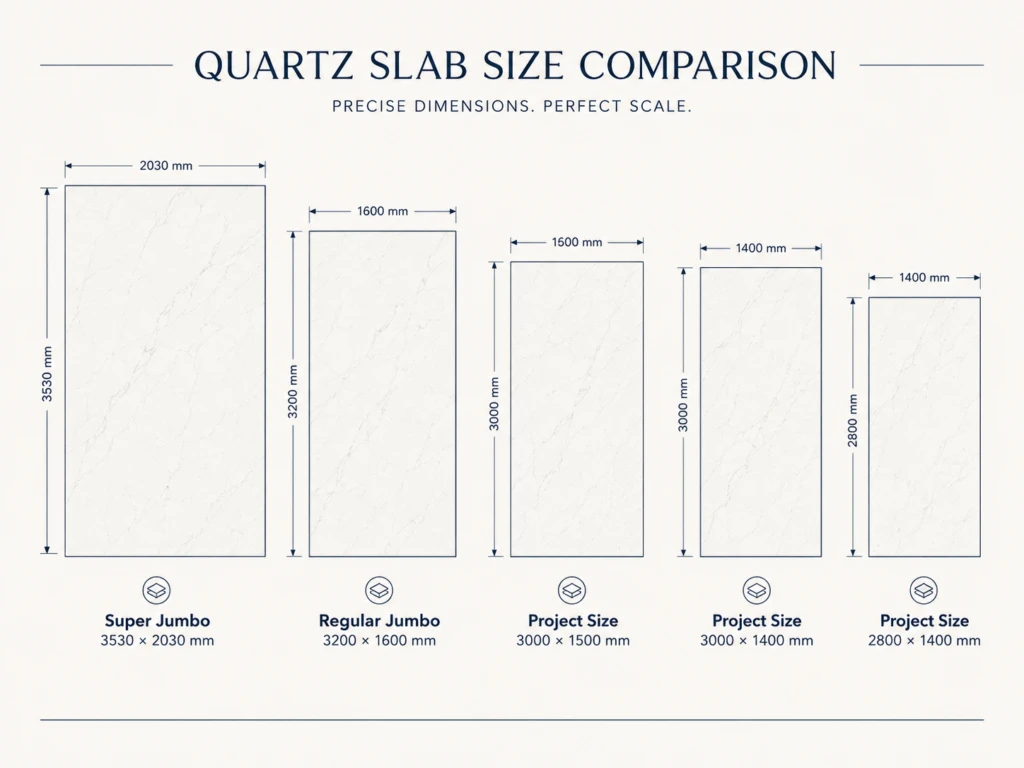 Quartz slab size comparison showing Regular Jumbo, project sizes and Super Jumbo formats