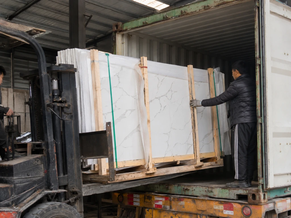 Workers loading export-packed quartz slabs into a shipping container during supplier verification.