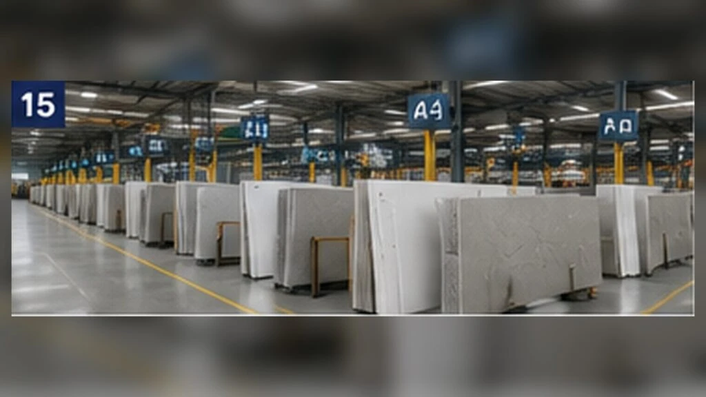 Quartz slab warehouse and finished-goods area used to assess supplier service, stock control and after-sales readiness.