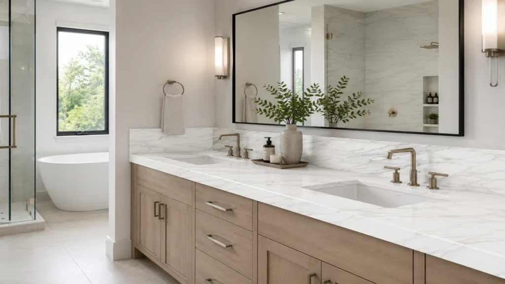 Quartz surface in luxury hotel bathroom vanity - statement marble-look design by AsiaQuartz