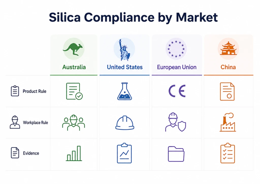 Silica compliance comparison for Australia, the United States, European Union and China across product rules, workplace rules and evidence.
