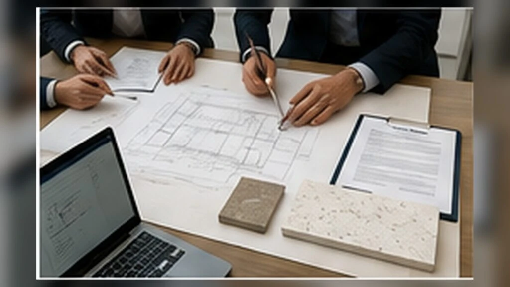 Specifier team reviewing silica-free quartz samples, project drawings and documentation for commercial applications.