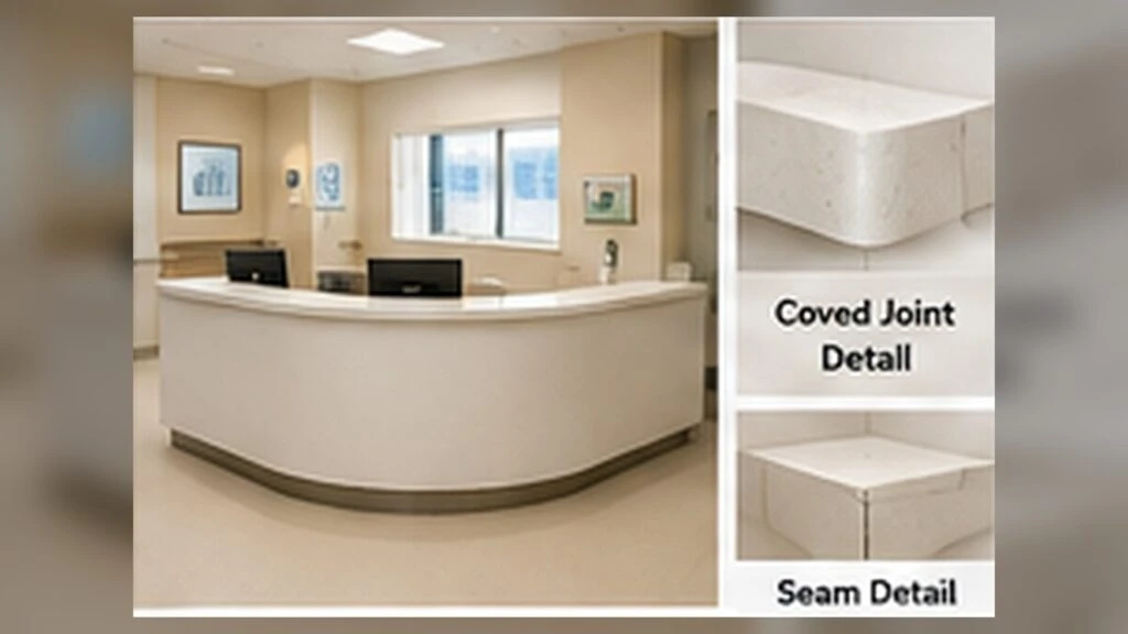 Silica-free quartz healthcare reception counter with coved transition, tight seam and rounded edge details.