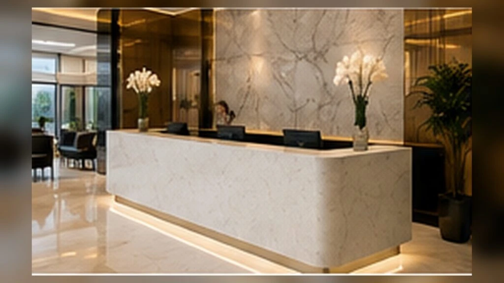 Silica-free quartz used on a hotel lobby reception desk with visible slab scale, edges and commercial lighting.