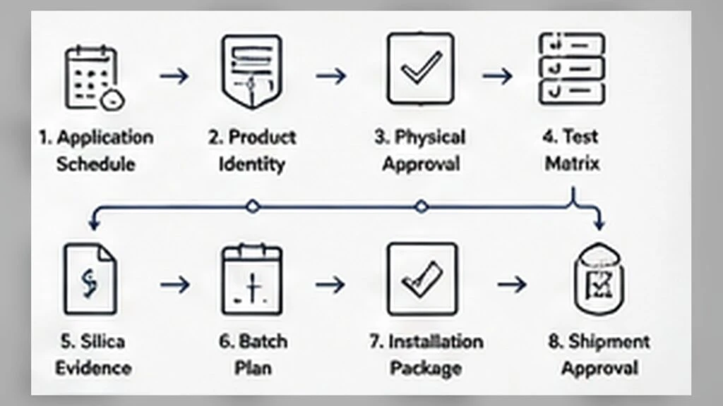 Eight-step procurement controls workflow for silica-free quartz commercial projects from application schedule to shipment approval.