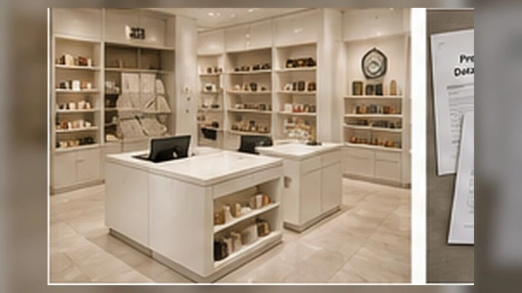 Silica-free printed quartz used on a branded retail display and service counter in a high-end commercial interior.