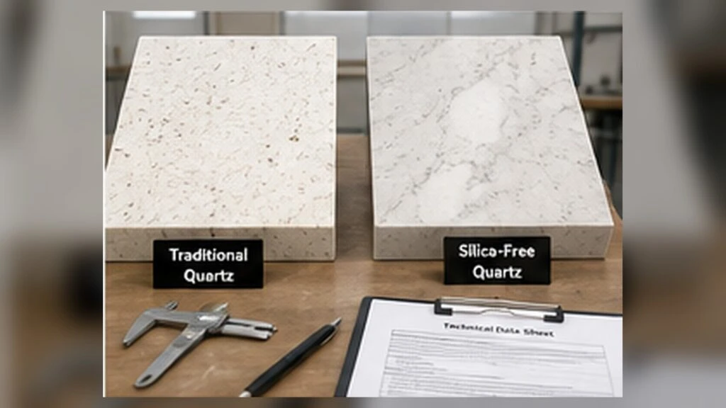 Side-by-side comparison of silica-free quartz and traditional engineered quartz samples with matching specifications and technical documents.