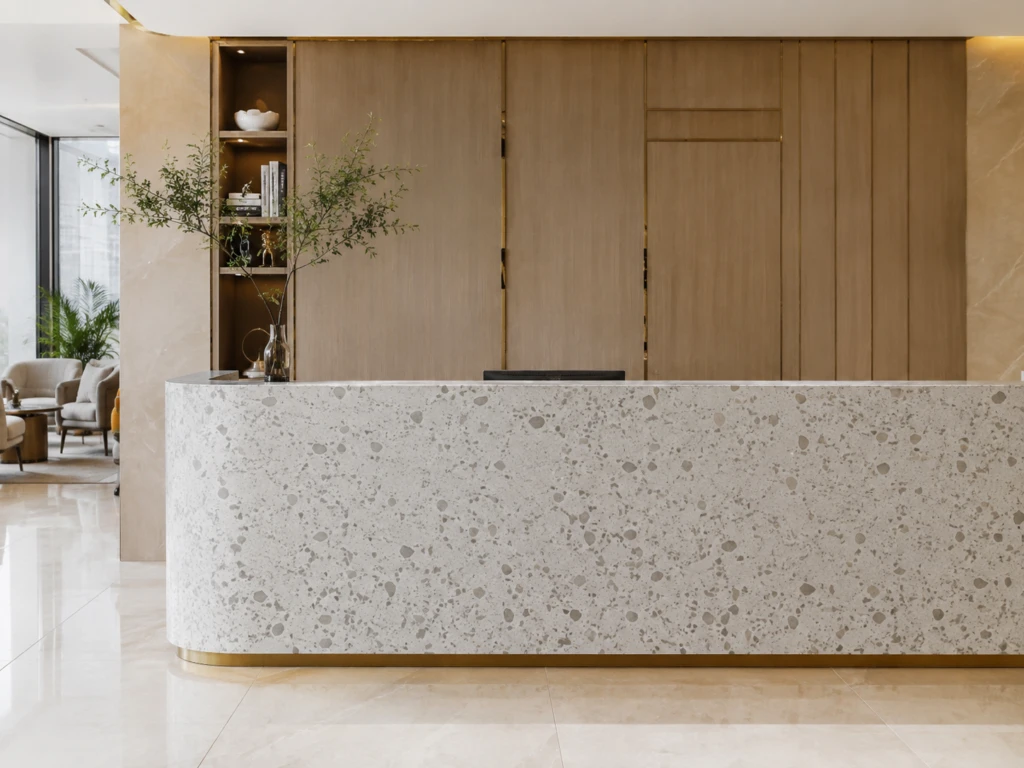 Terrazzo-look printed quartz used on a modern commercial reception desk