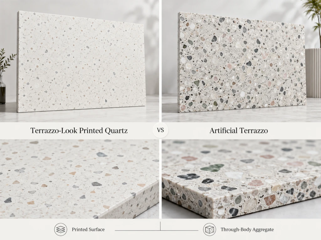 Terrazzo-look printed quartz compared with artificial terrazzo slab