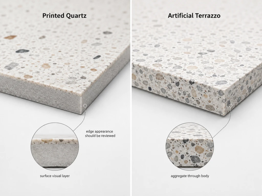 Application comparison for terrazzo-look printed quartz and artificial terrazzo