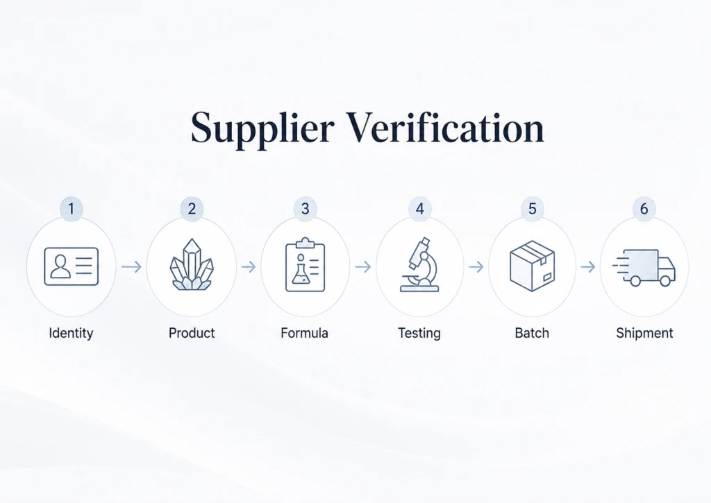 Zero-silica engineered surface supplier verification process covering identity, product, formulation, testing, batch traceability and shipment review.